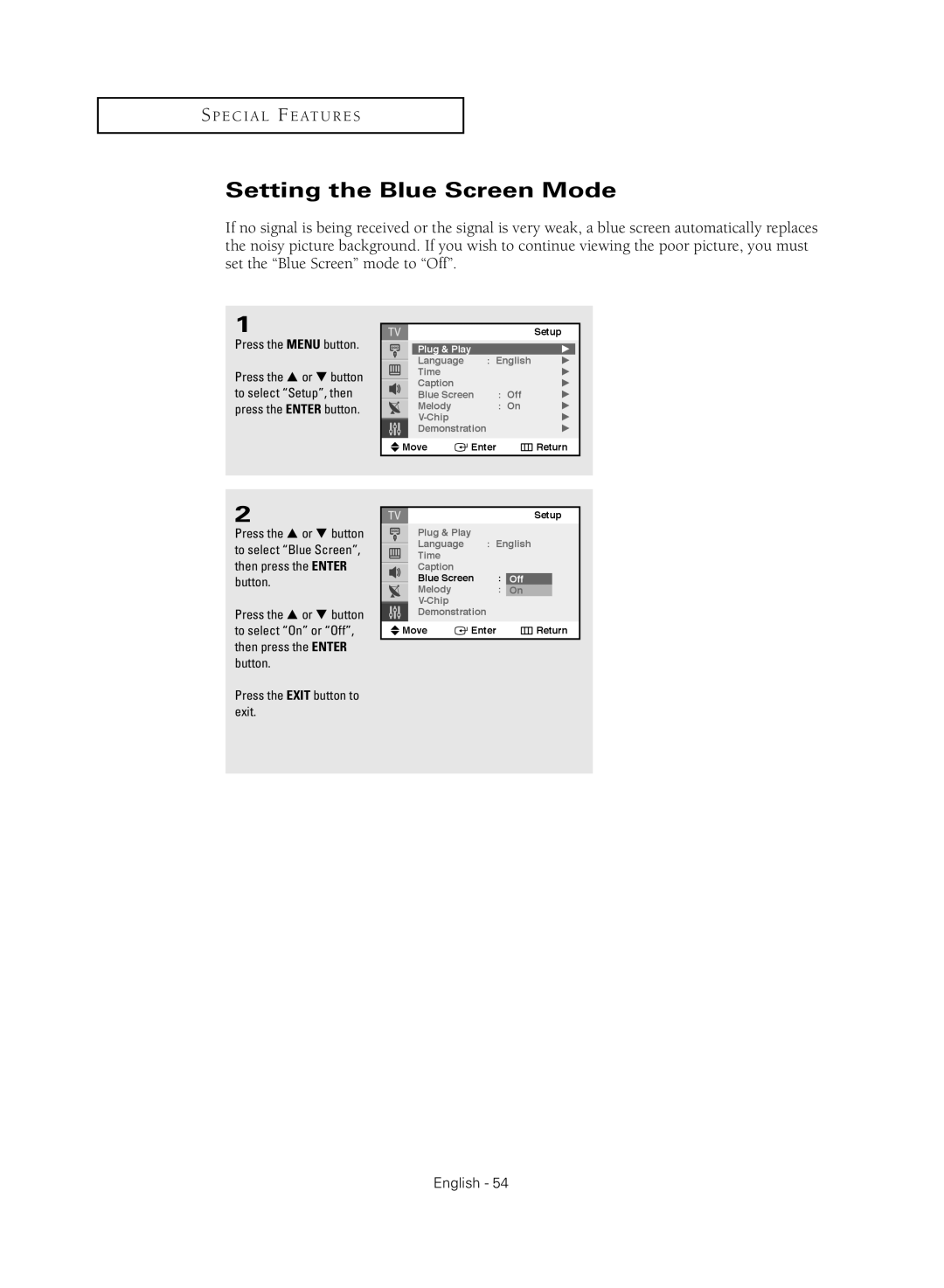 Samsung TX-S2040X manual Setting the Blue Screen Mode 