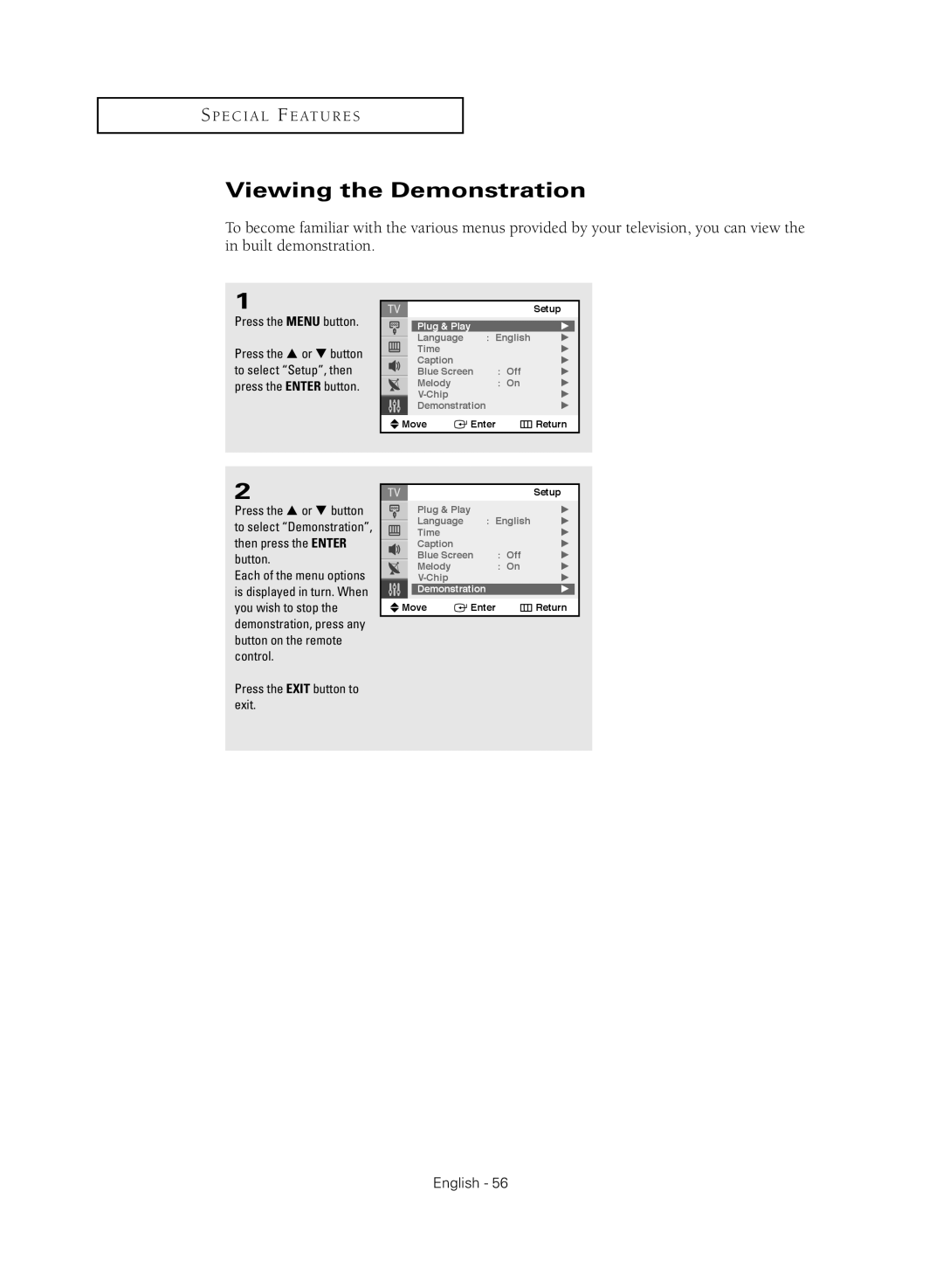 Samsung TX-S2040X manual Viewing the Demonstration 