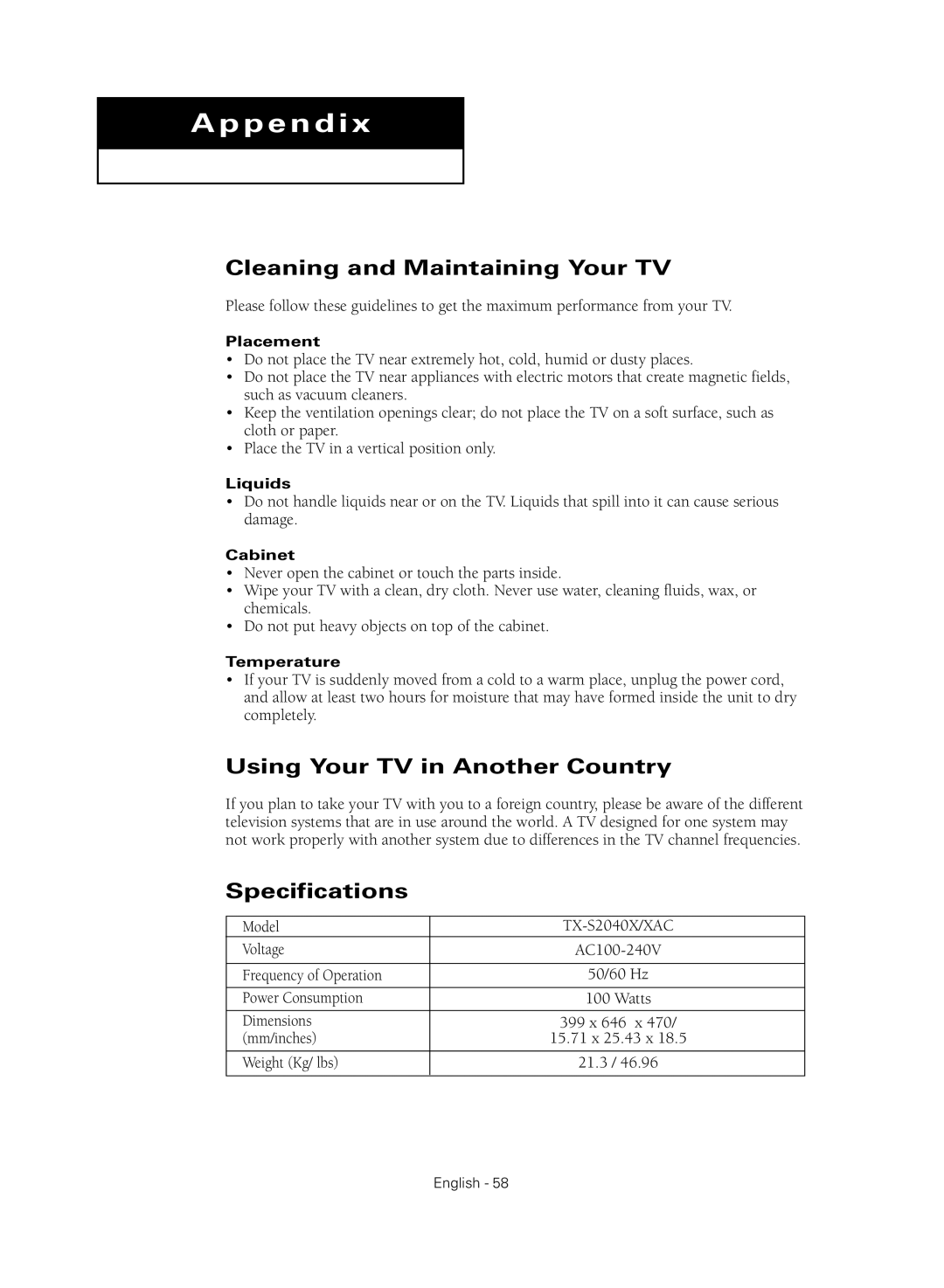 Samsung TX-S2040X manual Cleaning and Maintaining Your TV, Using Your TV in Another Country, Specifications 