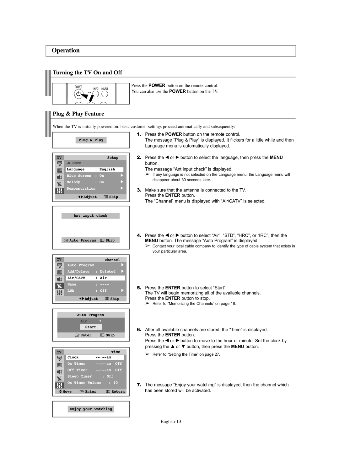 Samsung TX-S2740X manual Operation, Turning the TV On and Off, Plug & Play Feature 