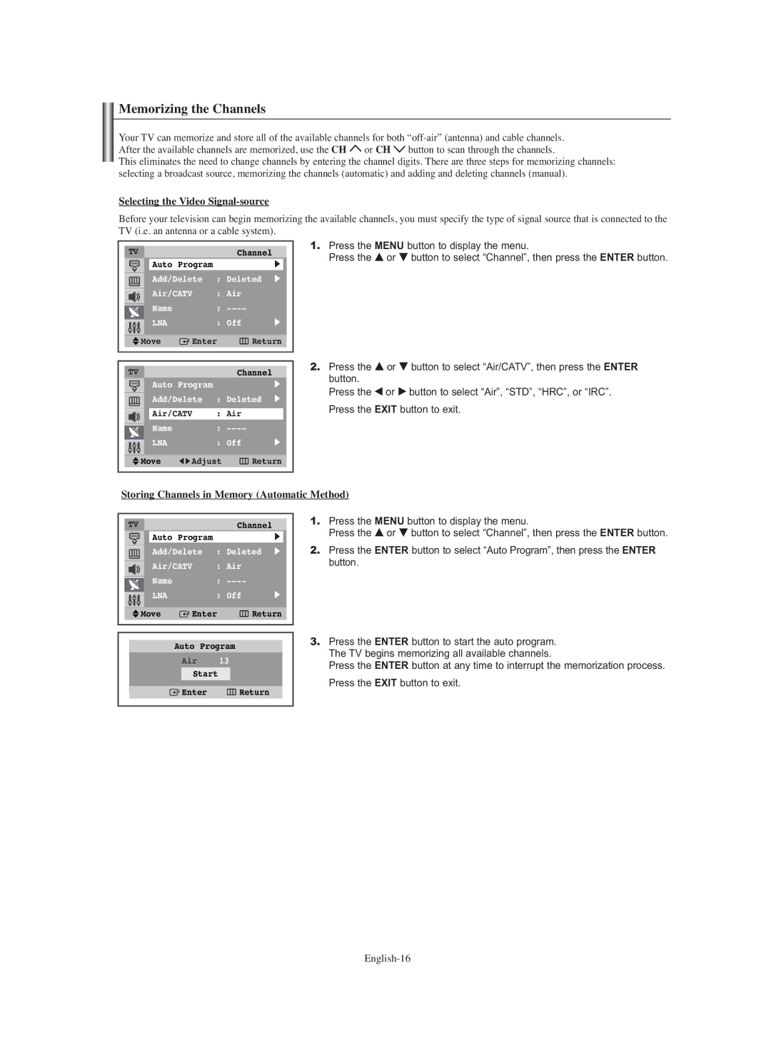 Samsung TX-S2740X Memorizing the Channels, Selecting the Video Signal-source, Storing Channels in Memory Automatic Method 