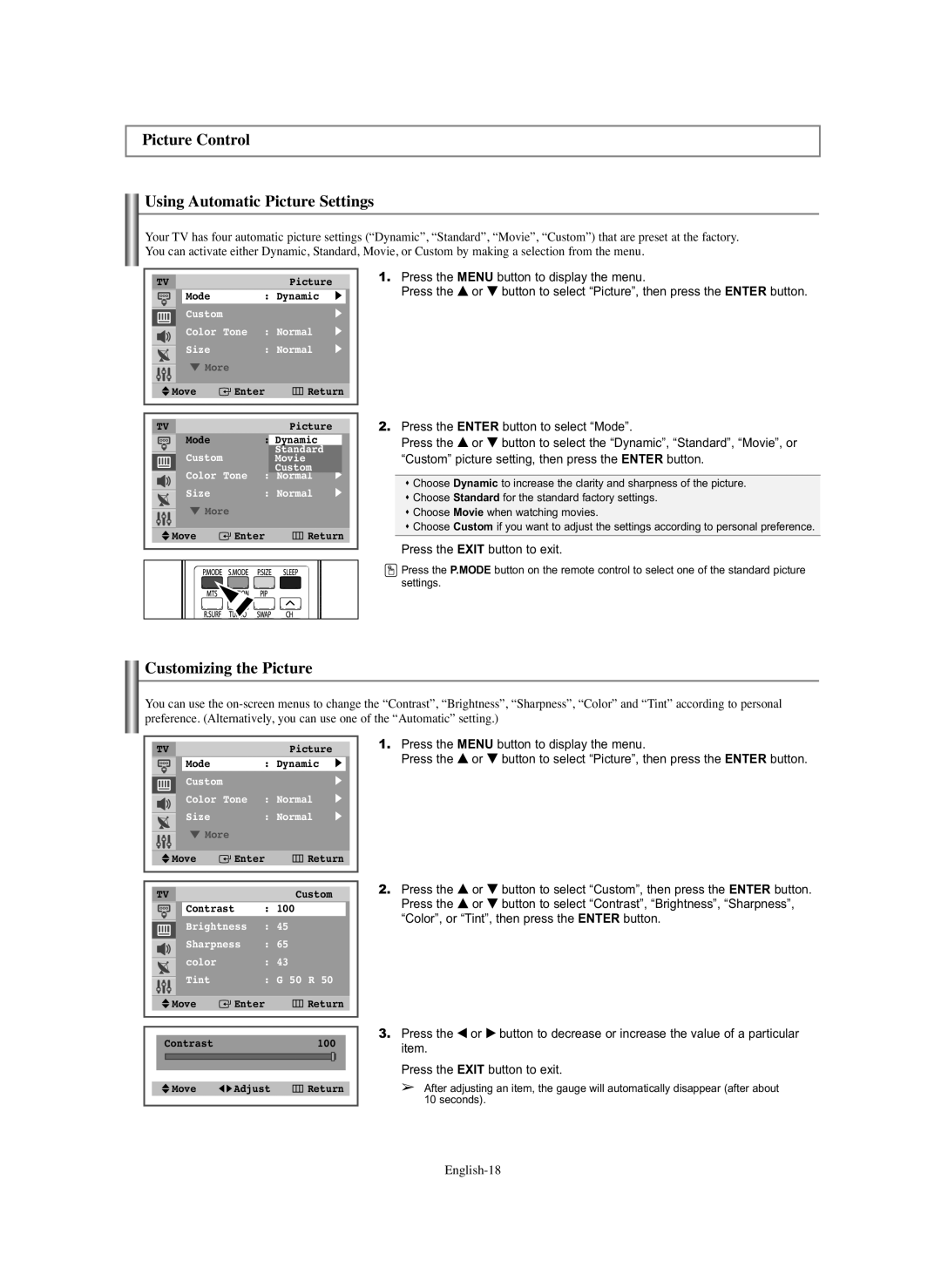 Samsung TX-S2740X manual Picture Control Using Automatic Picture Settings, Customizing the Picture 