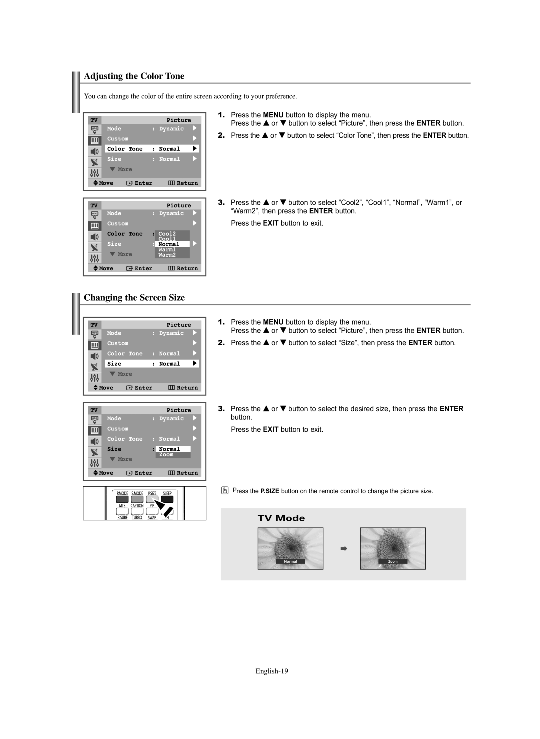 Samsung TX-S2740X manual Adjusting the Color Tone, Changing the Screen Size 