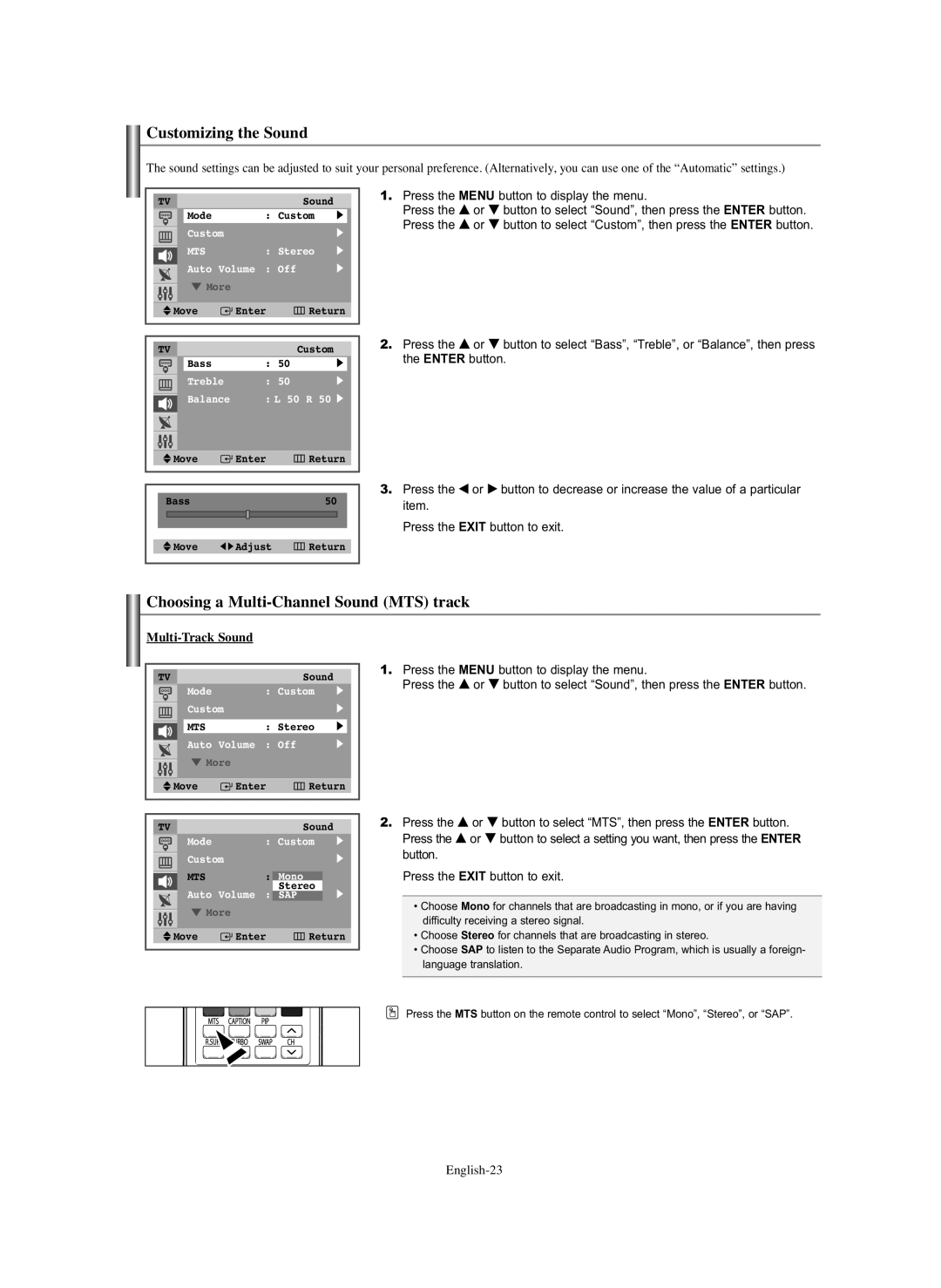 Samsung TX-S2740X manual Customizing the Sound, Choosing a Multi-Channel Sound MTS track, Multi-Track Sound 