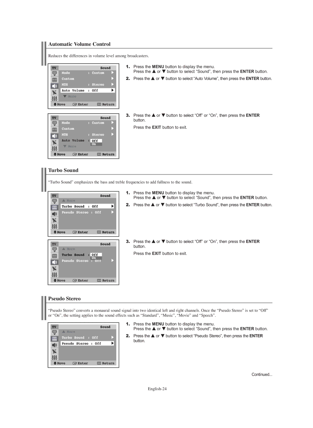Samsung TX-S2740X manual Automatic Volume Control, Turbo Sound, Pseudo Stereo 