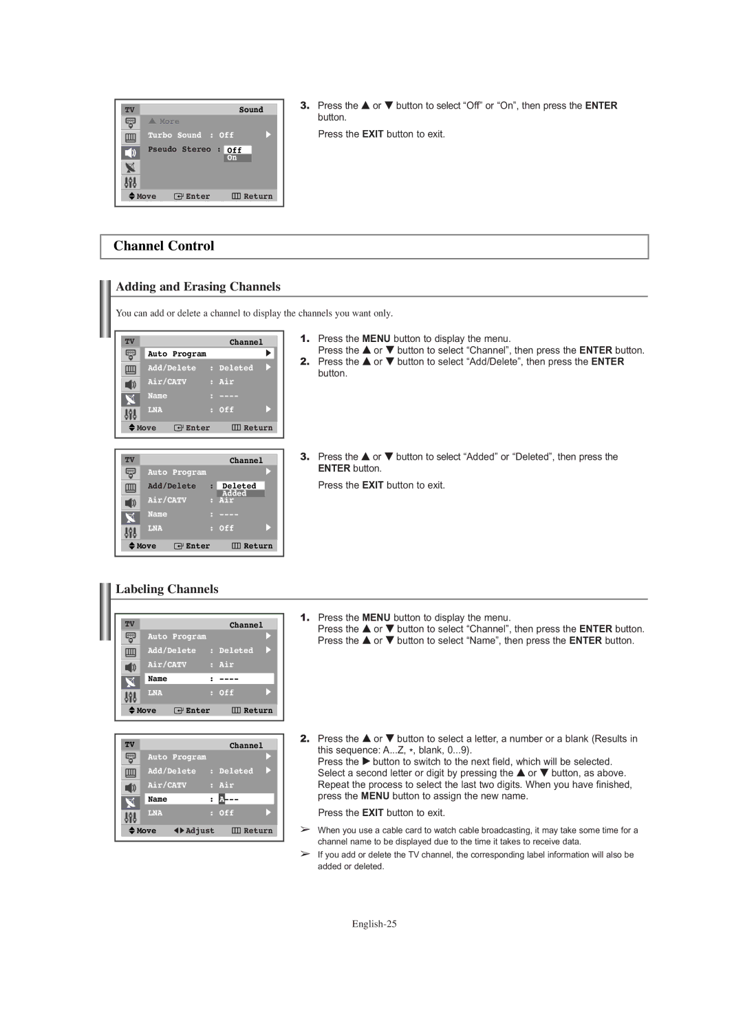 Samsung TX-S2740X manual Channel Control, Adding and Erasing Channels, Labeling Channels 