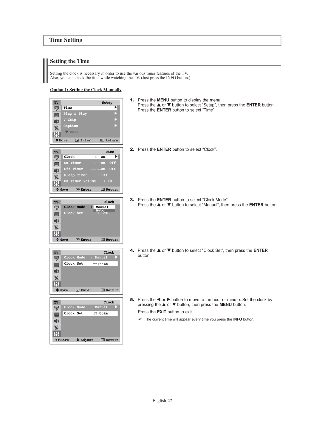 Samsung TX-S2740X manual Time Setting, Setting the Time 