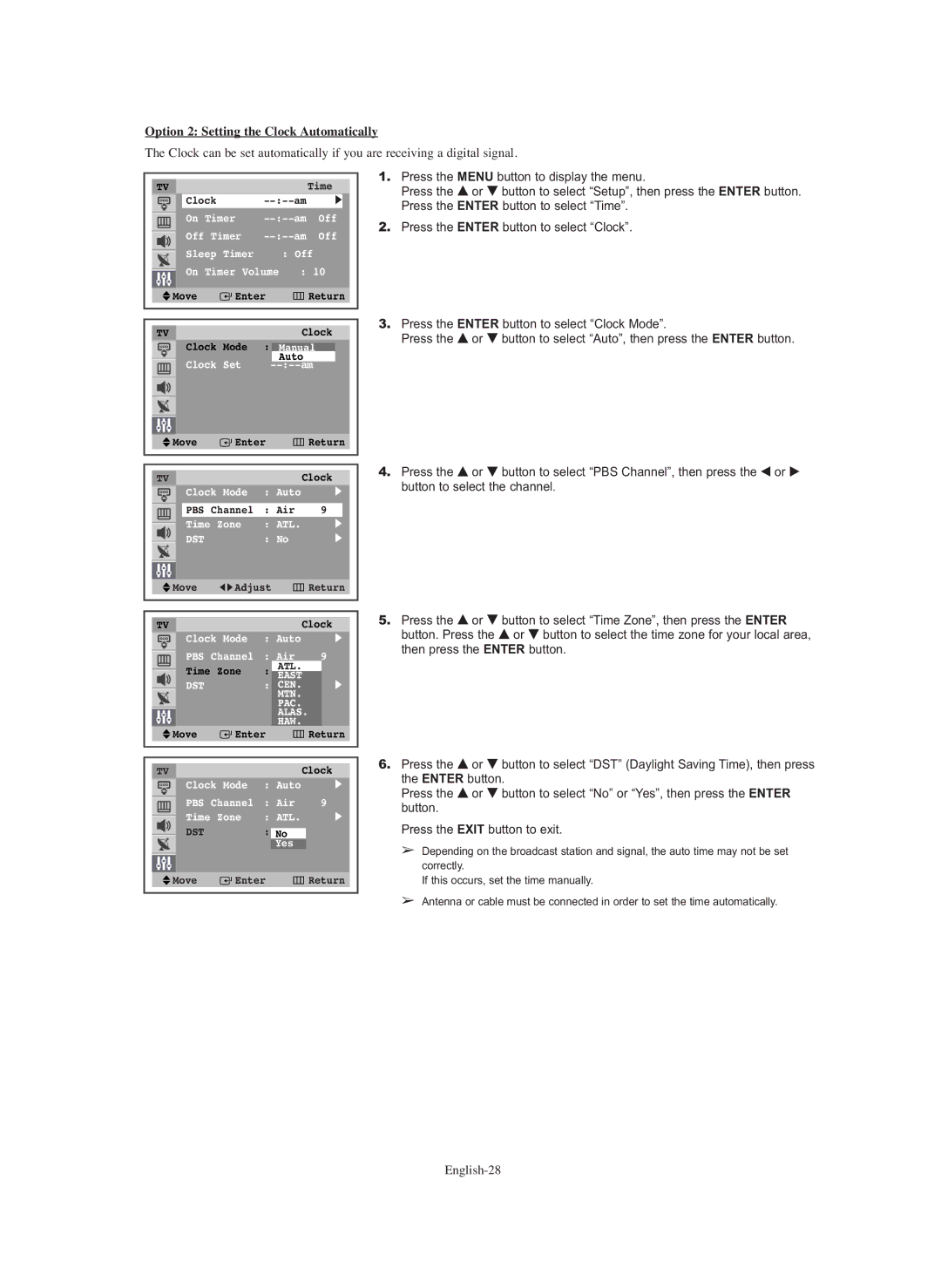 Samsung TX-S2740X manual Option 2 Setting the Clock Automatically 