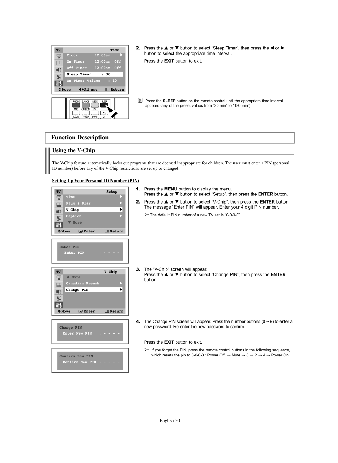 Samsung TX-S2740X manual Function Description, Using the V-Chip, Setting Up Your Personal ID Number PIN 