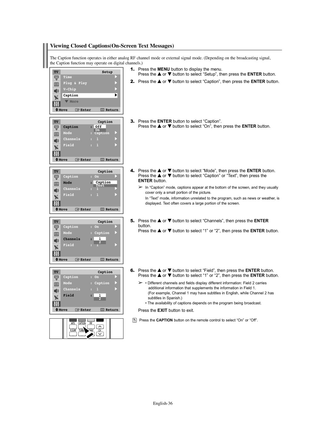 Samsung TX-S2740X manual Viewing Closed CaptionsOn-Screen Text Messages 