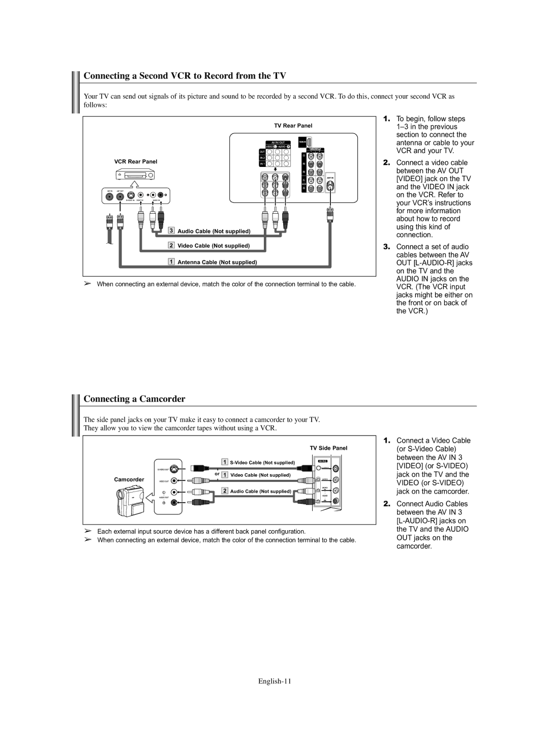 Samsung TX-S3064WR, TX-S3065WR manual Connecting a Second VCR to Record from the TV, Connecting a Camcorder 