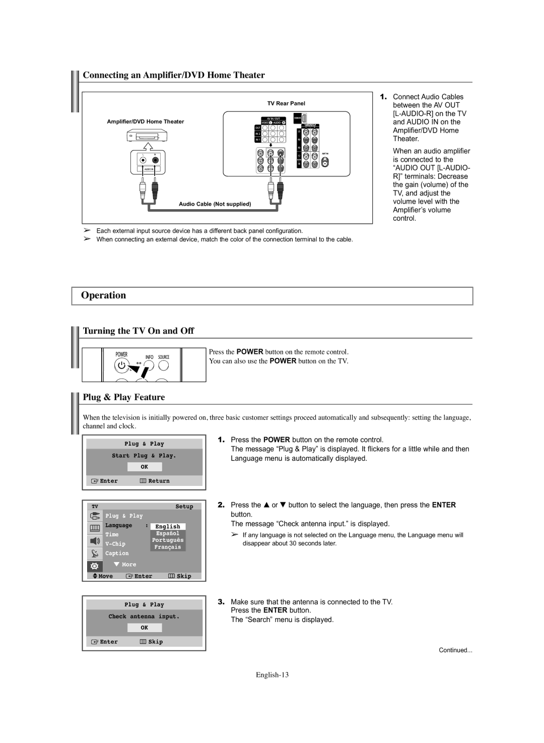 Samsung TX-S3064WR, TX-S3065WR manual Operation, Connecting an Amplifier/DVD Home Theater, Turning the TV On and Off 