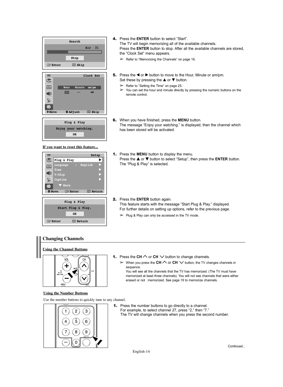 Samsung TX-S3064WR, TX-S3065WR manual Changing Channels, If you want to reset this feature, Using the Channel Buttons 