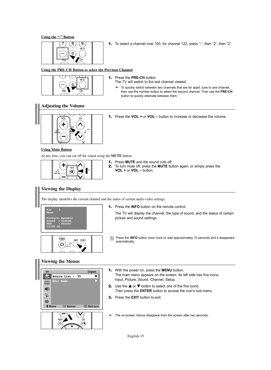 Samsung TX-S3064WR, TX-S3065WR manual Adjusting the Volume, Viewing the Display, Viewing the Menus 