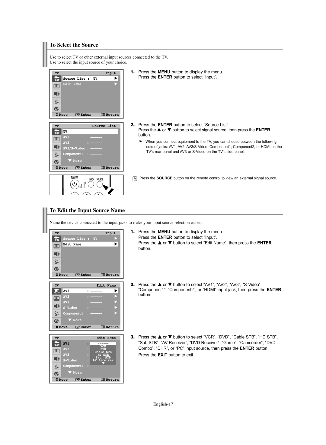 Samsung TX-S3064WR, TX-S3065WR manual To Select the Source, To Edit the Input Source Name 