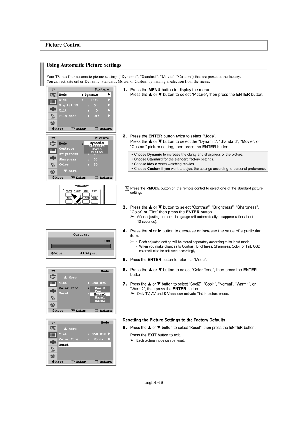 Samsung TX-S3064WR, TX-S3065WR manual Picture Control Using Automatic Picture Settings 