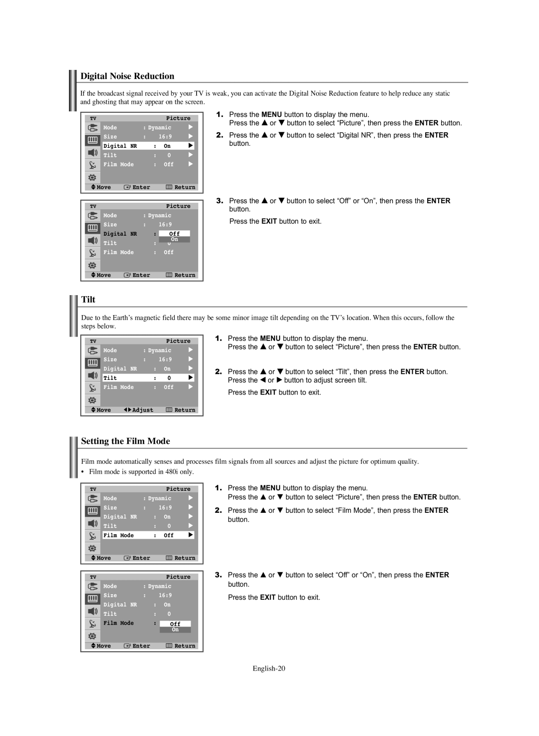 Samsung TX-S3064WR, TX-S3065WR manual Digital Noise Reduction, Tilt, Setting the Film Mode 