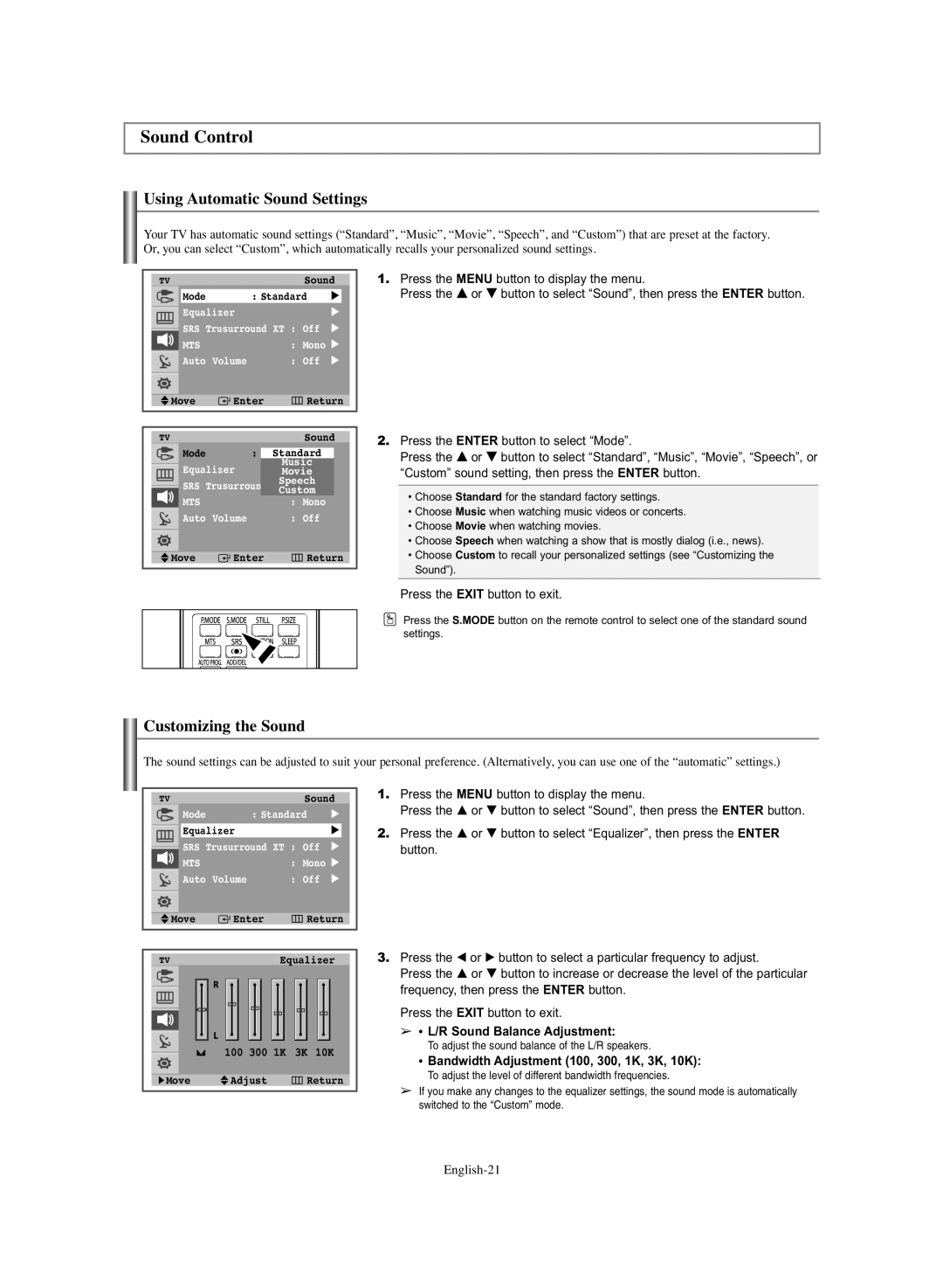 Samsung TX-S3064WR, TX-S3065WR manual Sound Control, Using Automatic Sound Settings, Customizing the Sound 