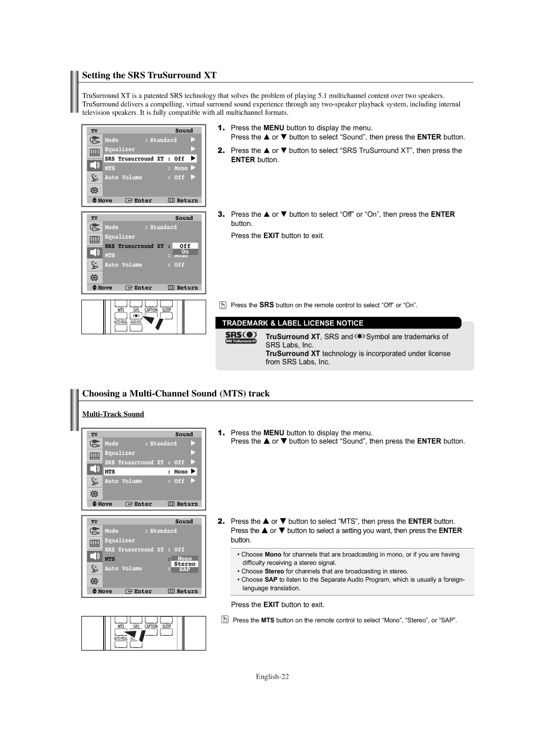 Samsung TX-S3064WR, TX-S3065WR manual Setting the SRS TruSurround XT, Choosing a Multi-Channel Sound MTS track 