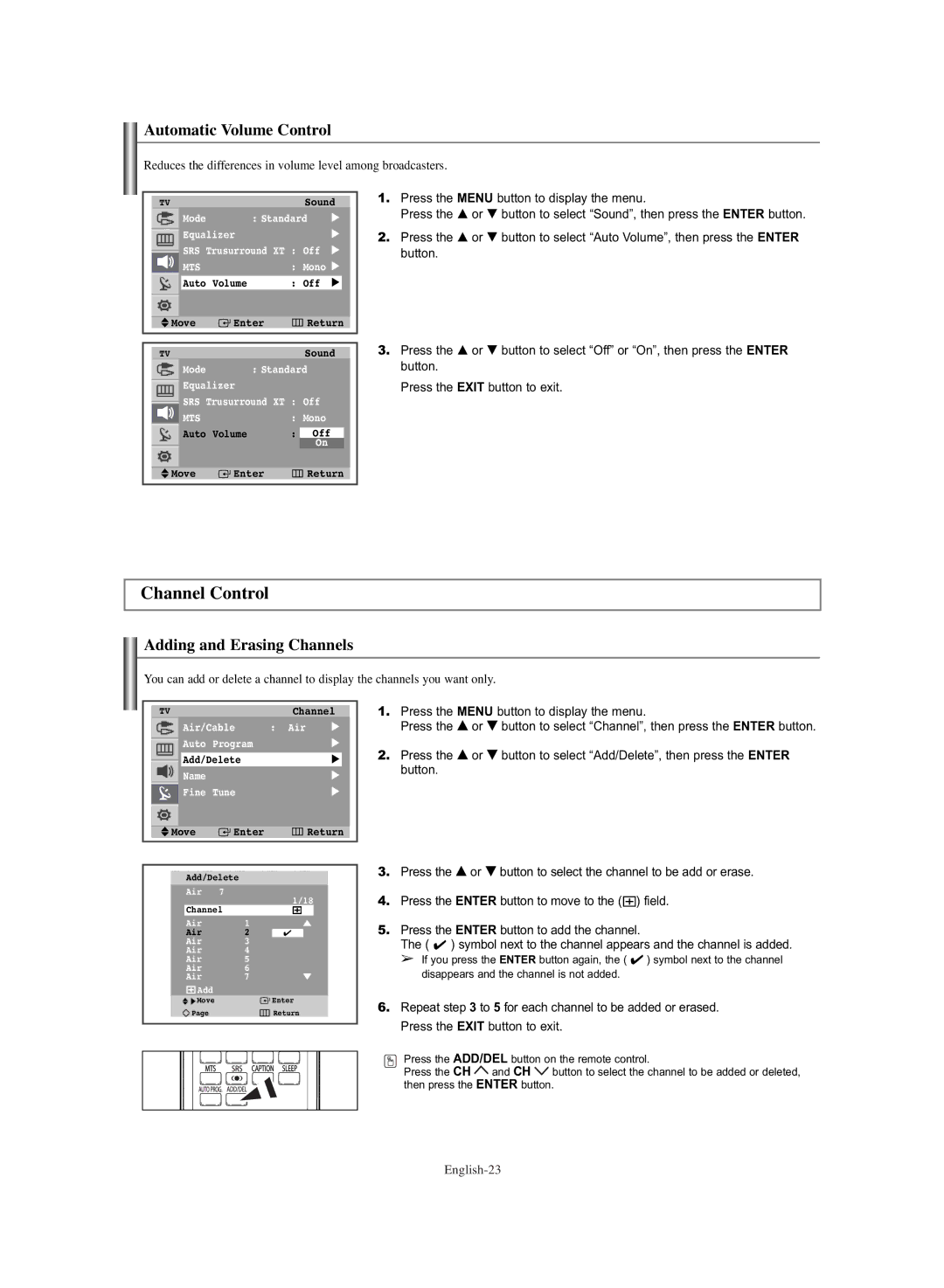 Samsung TX-S3064WR, TX-S3065WR manual Channel Control, Automatic Volume Control, Adding and Erasing Channels 