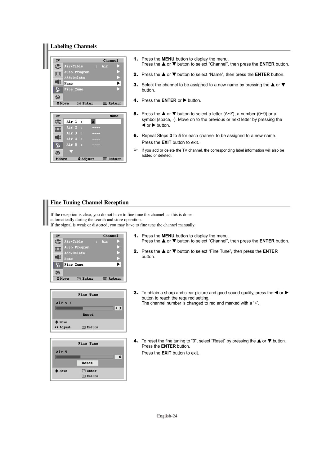 Samsung TX-S3064WR, TX-S3065WR manual Labeling Channels, Fine Tuning Channel Reception 