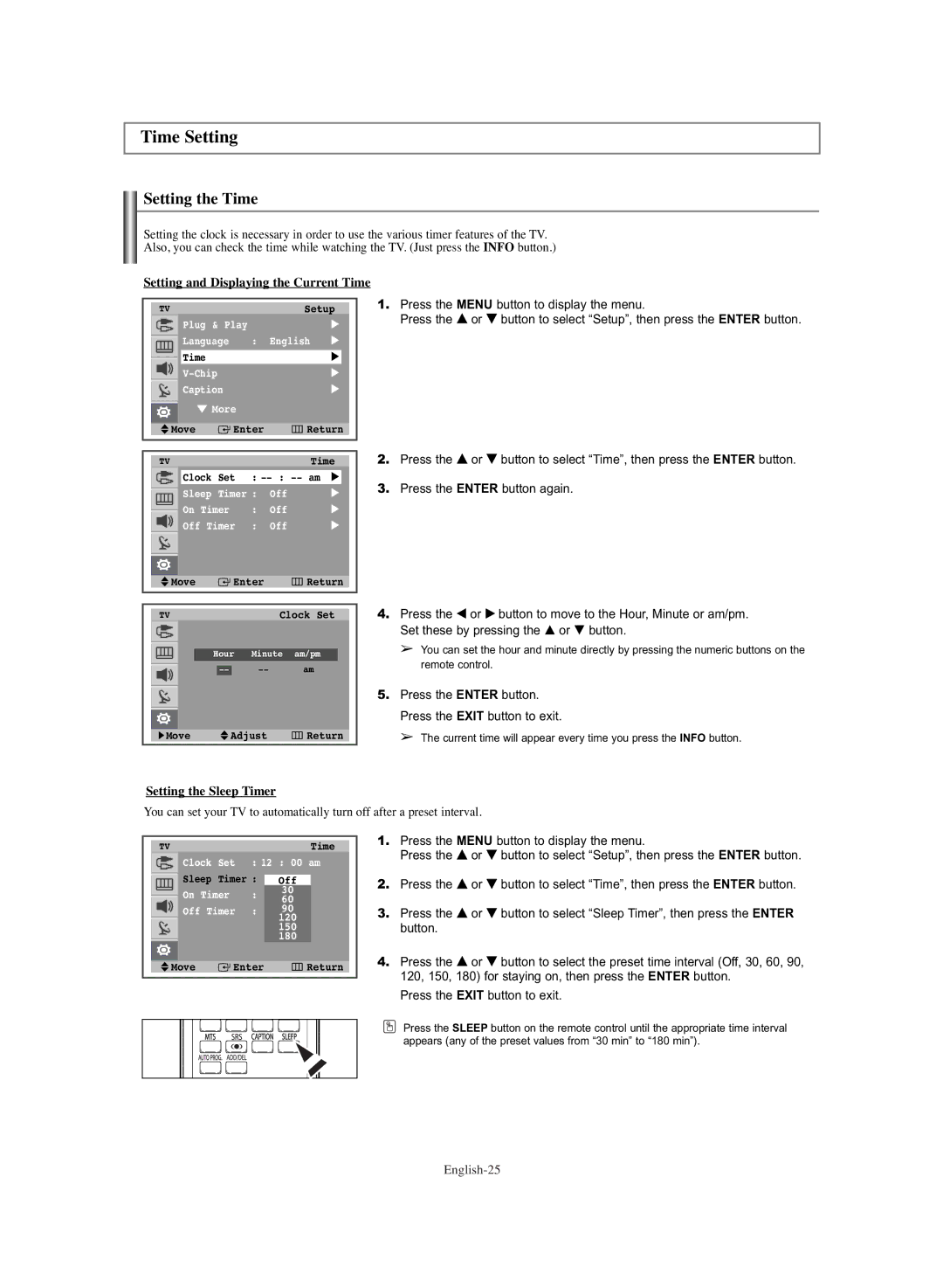 Samsung TX-S3064WR, TX-S3065WR manual Time Setting, Setting the Time, Setting the Sleep Timer 