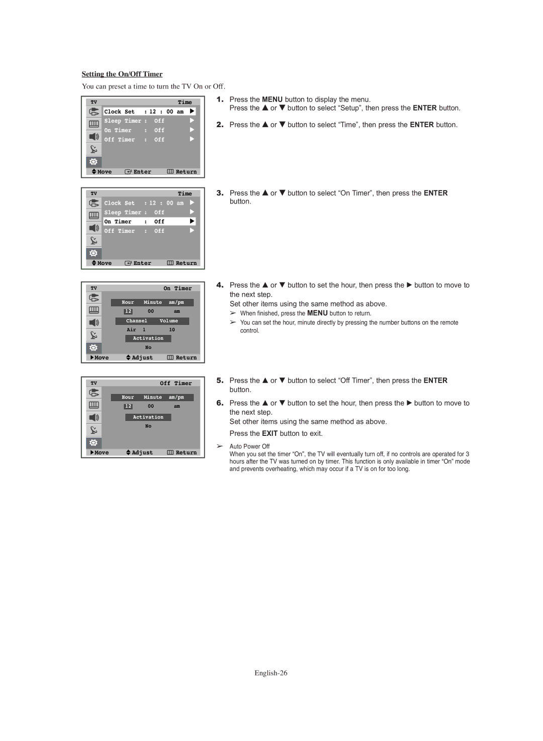 Samsung TX-S3064WR, TX-S3065WR manual Setting the On/Off Timer, Auto Power Off 