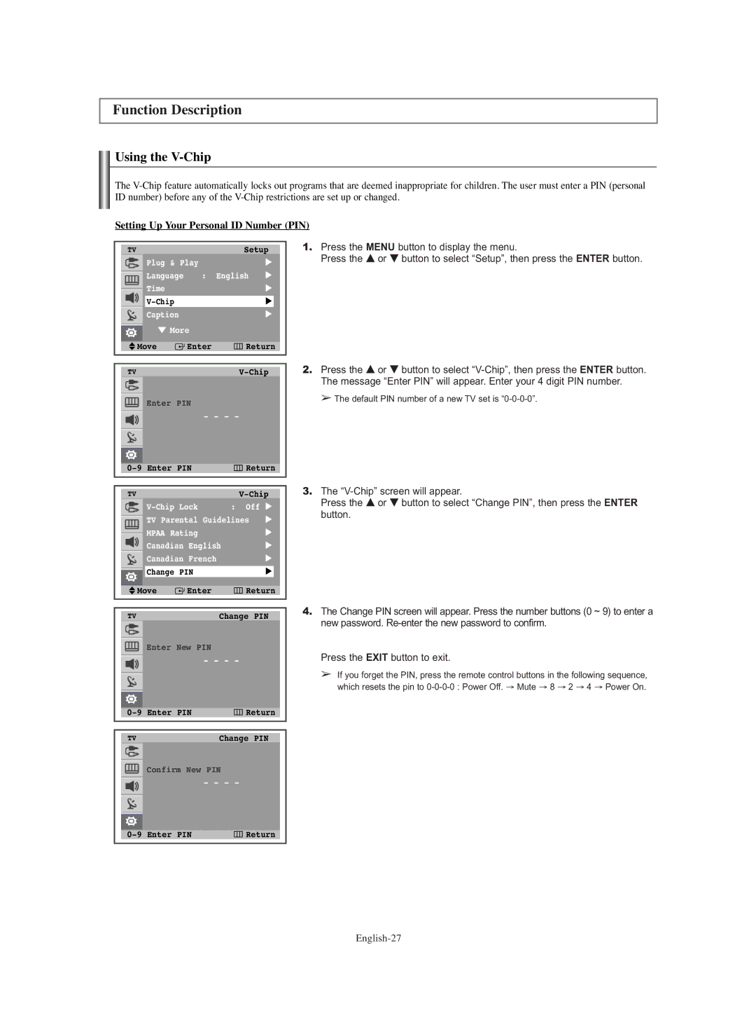 Samsung TX-S3064WR, TX-S3065WR manual Function Description, Using the V-Chip, Setting Up Your Personal ID Number PIN 