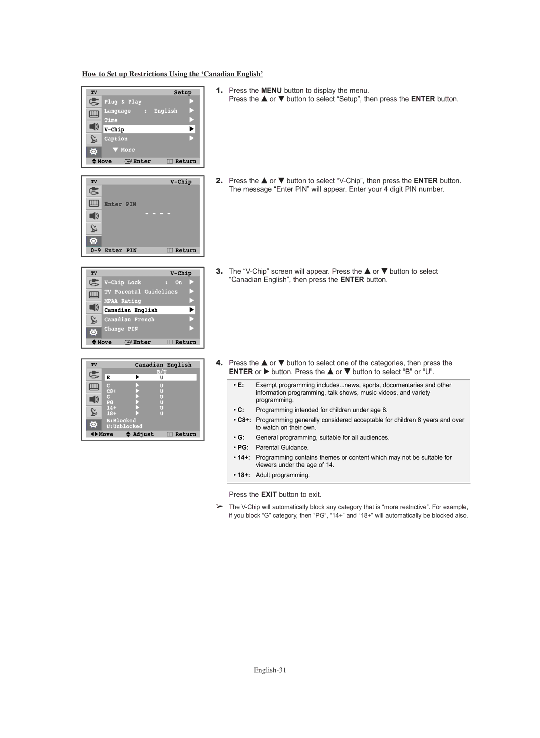 Samsung TX-S3064WR, TX-S3065WR manual How to Set up Restrictions Using the ‘Canadian English’ 