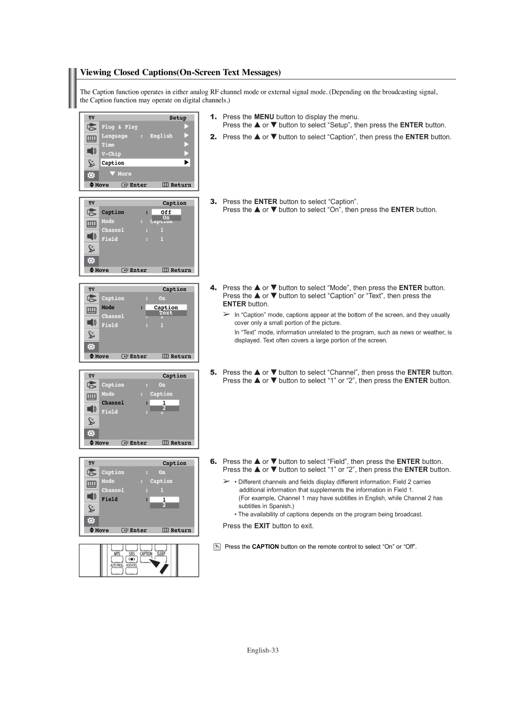 Samsung TX-S3064WR, TX-S3065WR manual Viewing Closed CaptionsOn-Screen Text Messages 