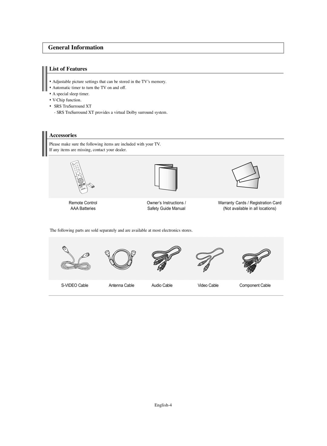 Samsung TX-S3064WR, TX-S3065WR manual General Information, List of Features, Accessories 