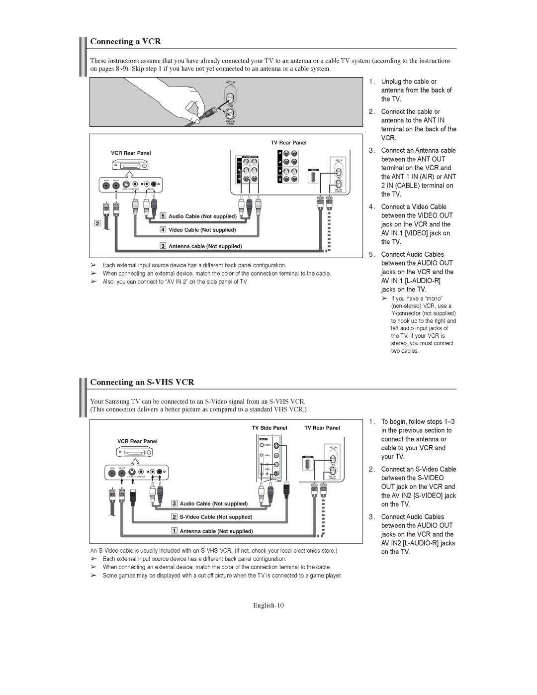 Samsung TX S3080WH, TX-S3079WH, TX-S3080WH manual Connecting a VCR, Connecting an S-VHS VCR, English-10 