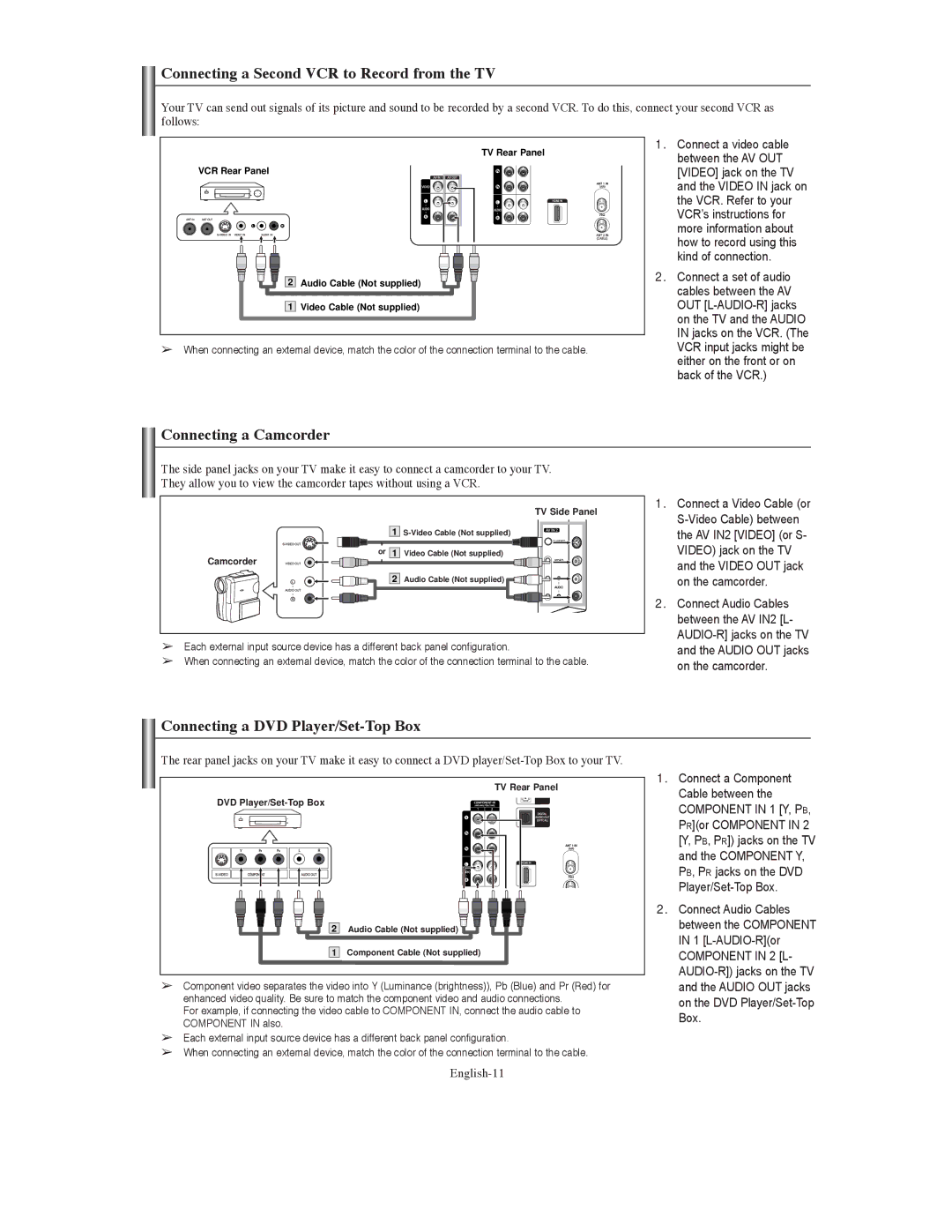 Samsung TX-S3079WH, TX-S3080WH, TX S3080WH manual Connecting a Second VCR to Record from the TV, Connecting a Camcorder 