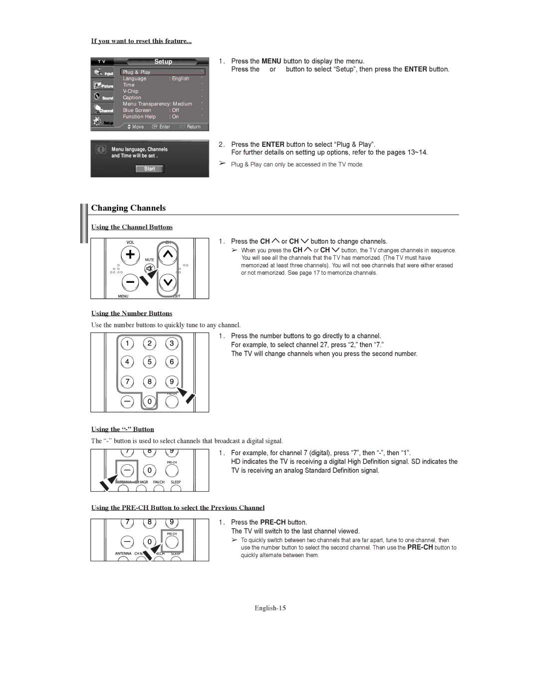 Samsung TX-S3079WH, TX-S3080WH, TX S3080WH manual Changing Channels 