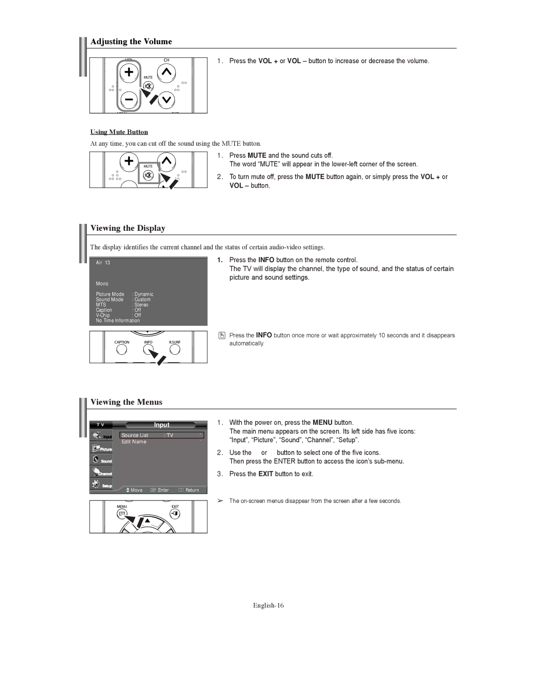 Samsung TX S3080WH manual Adjusting the Volume, Viewing the Display, Viewing the Menus, Using Mute Button, English-16 