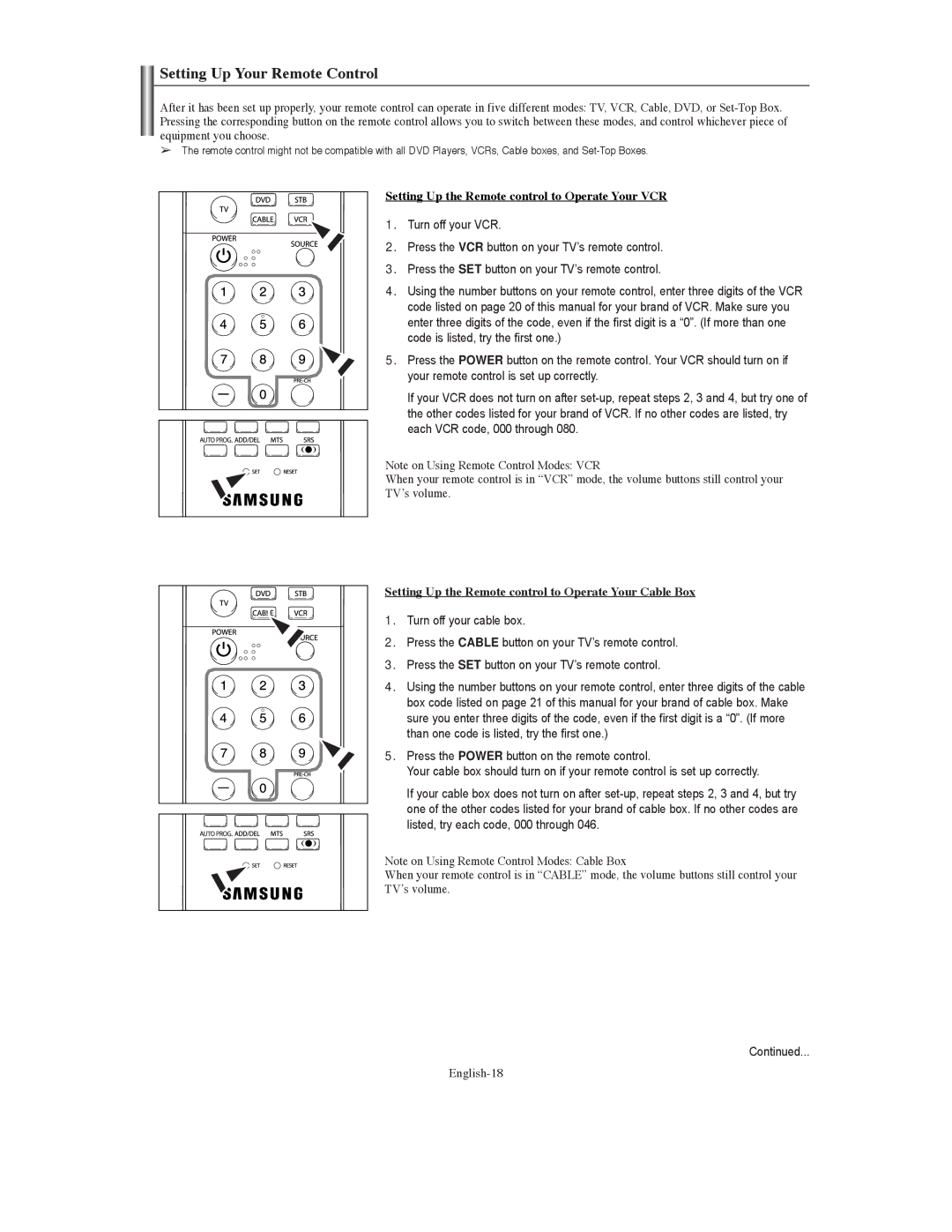 Samsung TX S3080WH manual Setting Up Your Remote Control, Setting Up the Remote control to Operate Your Cable Box 