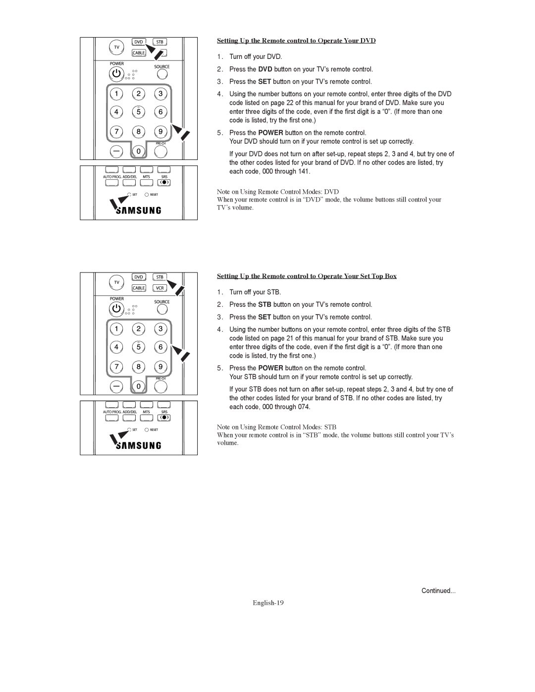 Samsung TX-S3079WH, TX-S3080WH, TX S3080WH manual Setting Up the Remote control to Operate Your DVD 