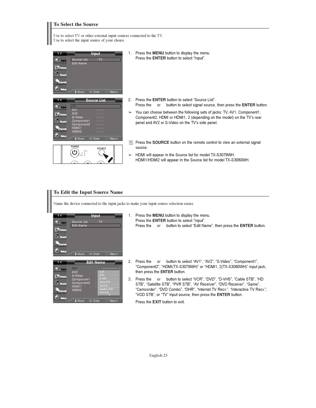 Samsung TX-S3079WH, TX-S3080WH manual To Select the Source, To Edit the Input Source Name, Then press the Enter button 