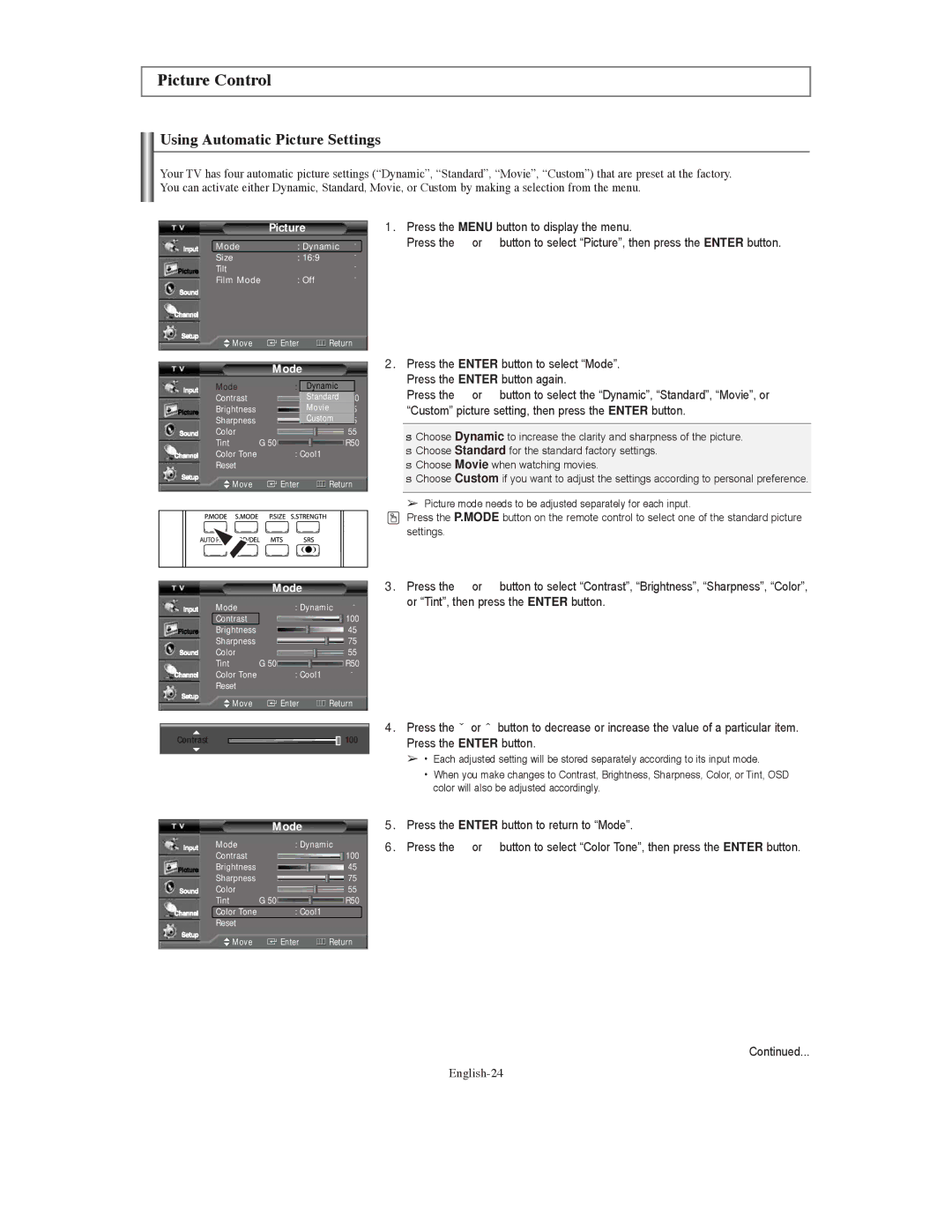 Samsung TX S3080WH, TX-S3079WH, TX-S3080WH manual Picture Control, Using Automatic Picture Settings, English-24, Mode 