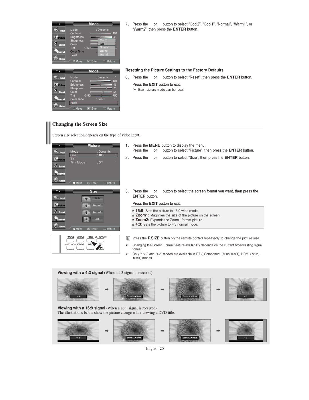 Samsung TX-S3079WH, TX-S3080WH manual Changing the Screen Size, Resetting the Picture Settings to the Factory Defaults 