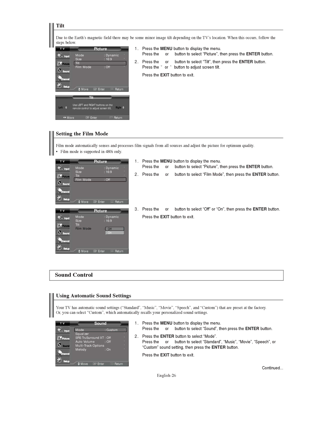 Samsung TX S3080WH manual Sound Control, Tilt, Setting the Film Mode, Using Automatic Sound Settings, English-26 