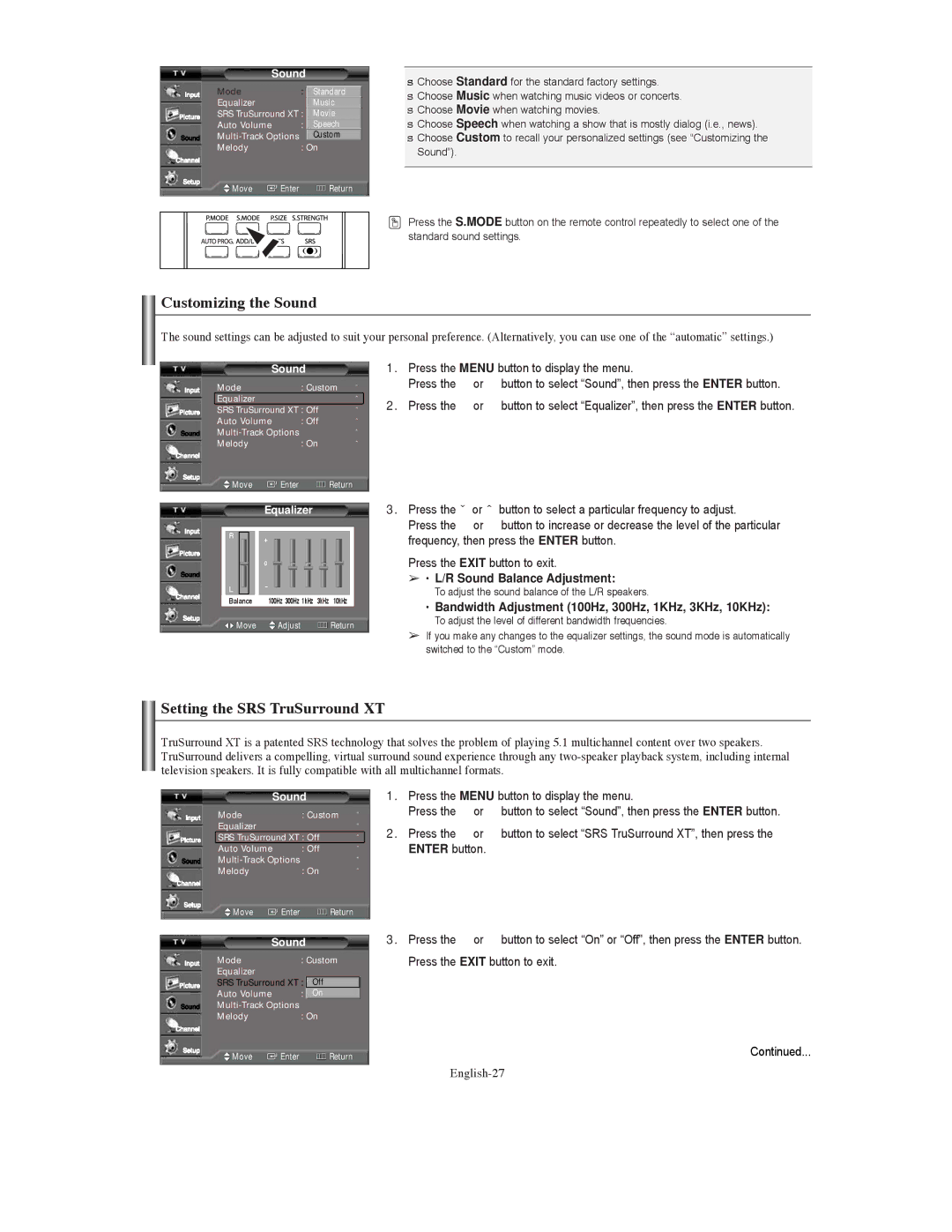 Samsung TX-S3079WH, TX-S3080WH Customizing the Sound, Setting the SRS TruSurround XT, Sound Balance Adjustment, English-27 