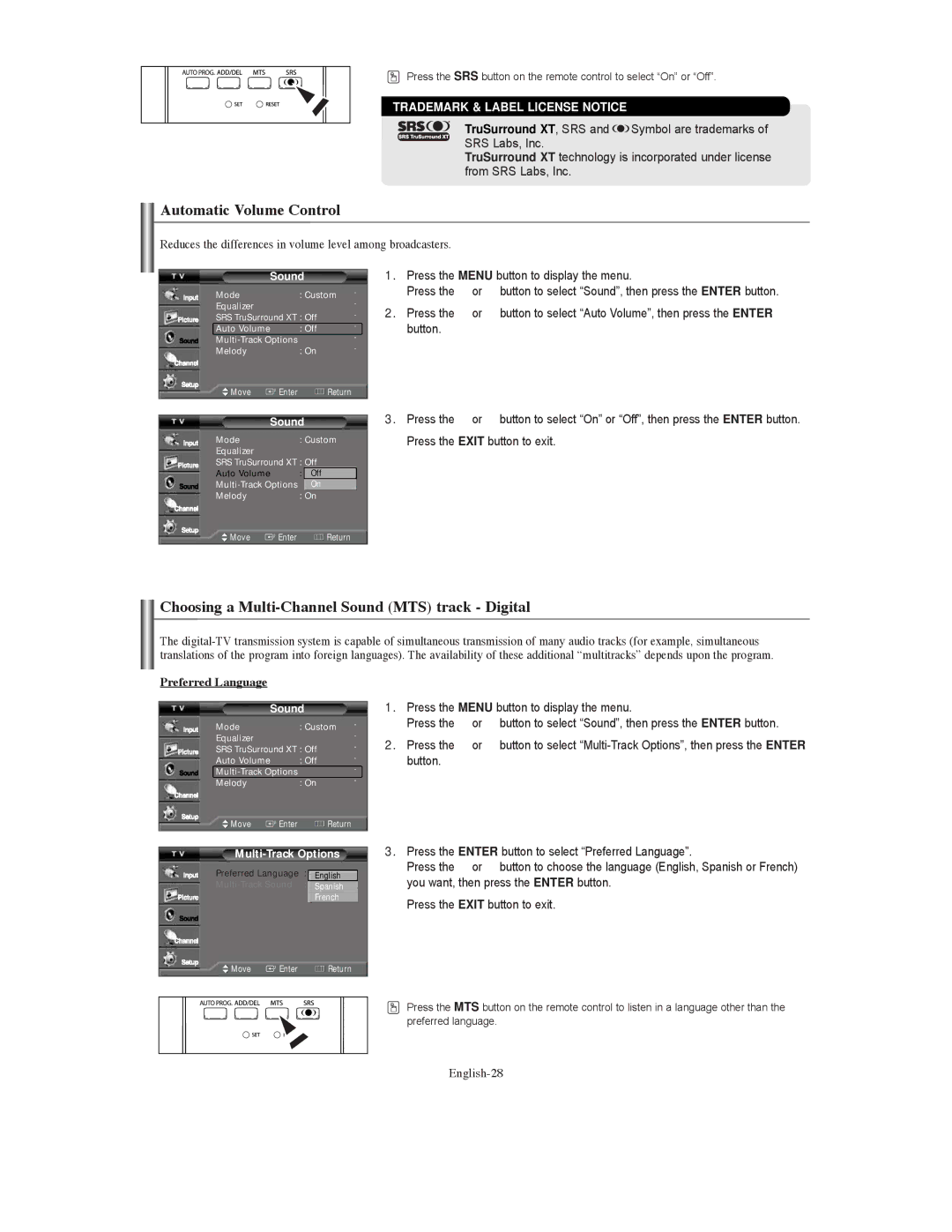 Samsung TX S3080WH manual Automatic Volume Control, Choosing a Multi-Channel Sound MTS track Digital, English-28 