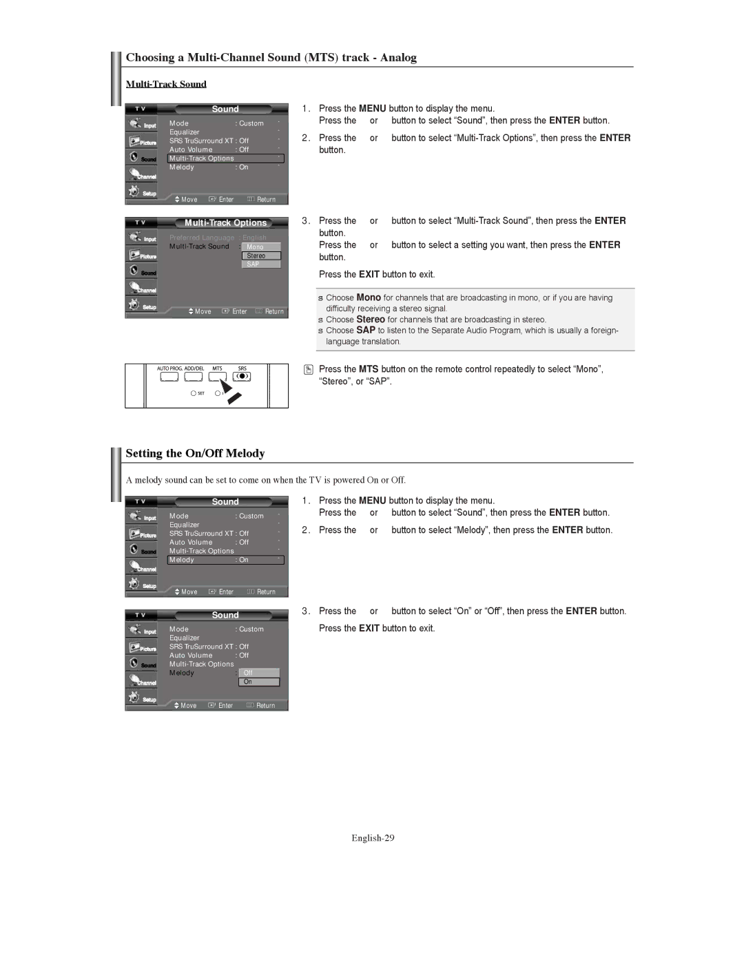 Samsung TX-S3079WH, TX-S3080WH Choosing a Multi-Channel Sound MTS track Analog, Setting the On/Off Melody, English-29 