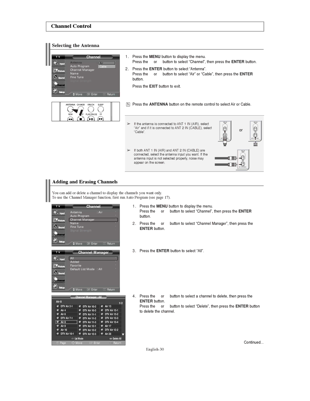 Samsung TX S3080WH, TX-S3079WH, TX-S3080WH Selecting the Antenna, Adding and Erasing Channels, English-30, Channel Manager 