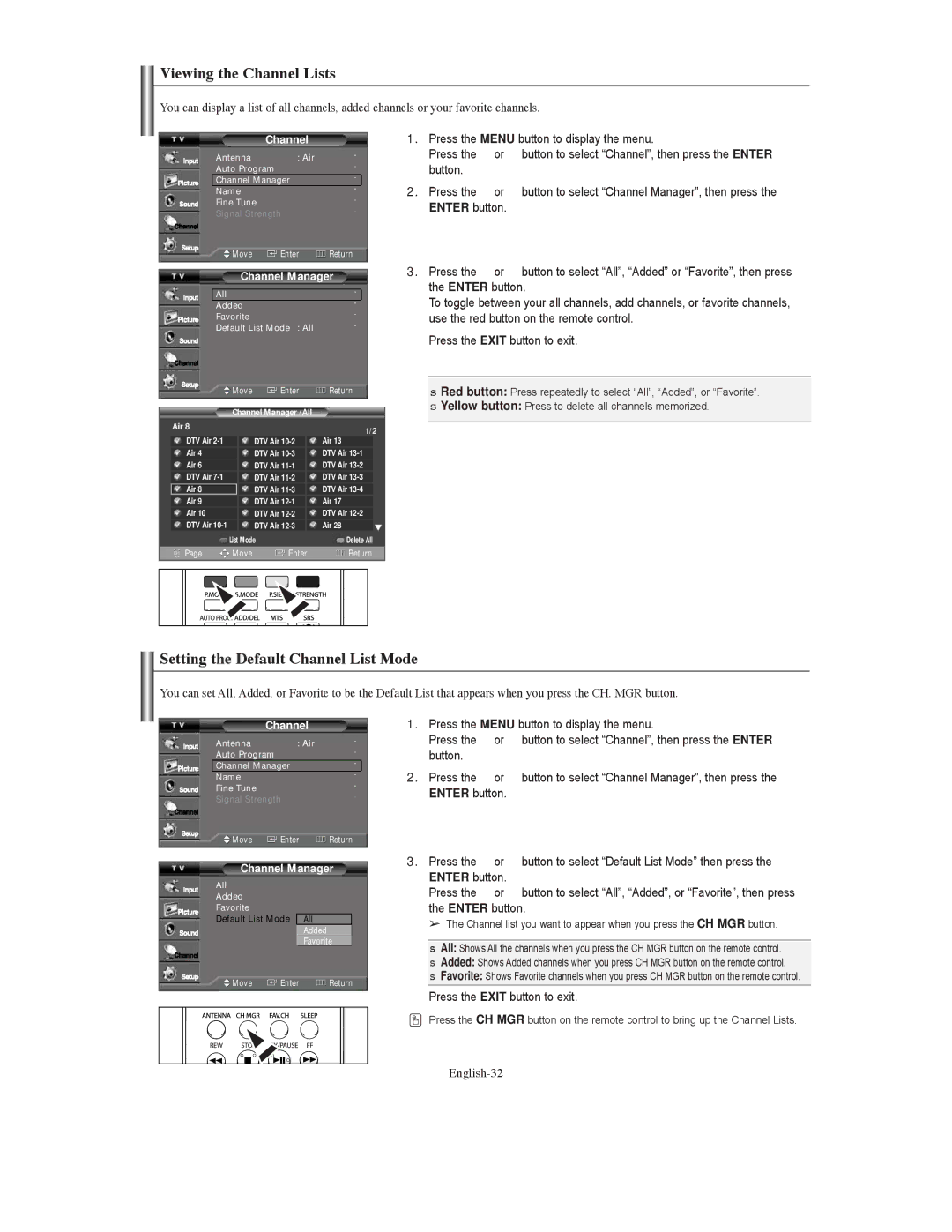 Samsung TX S3080WH, TX-S3079WH, TX-S3080WH Viewing the Channel Lists, Setting the Default Channel List Mode, English-32 