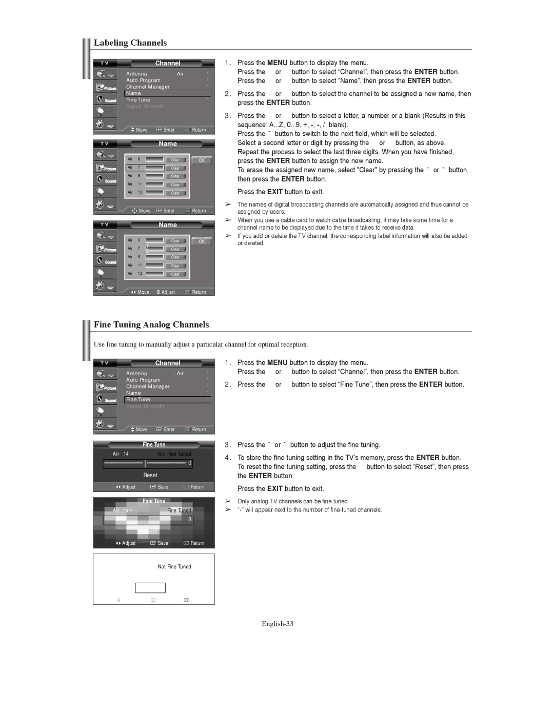 Samsung TX-S3079WH, TX-S3080WH, TX S3080WH Labeling Channels, Fine Tuning Analog Channels, English-33, Name, Fine Tune 