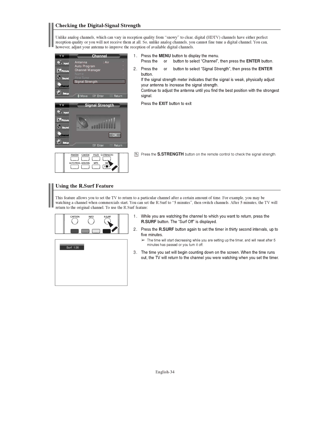 Samsung TX S3080WH, TX-S3079WH, TX-S3080WH manual Checking the Digital-Signal Strength, Using the R.Surf Feature, English-34 