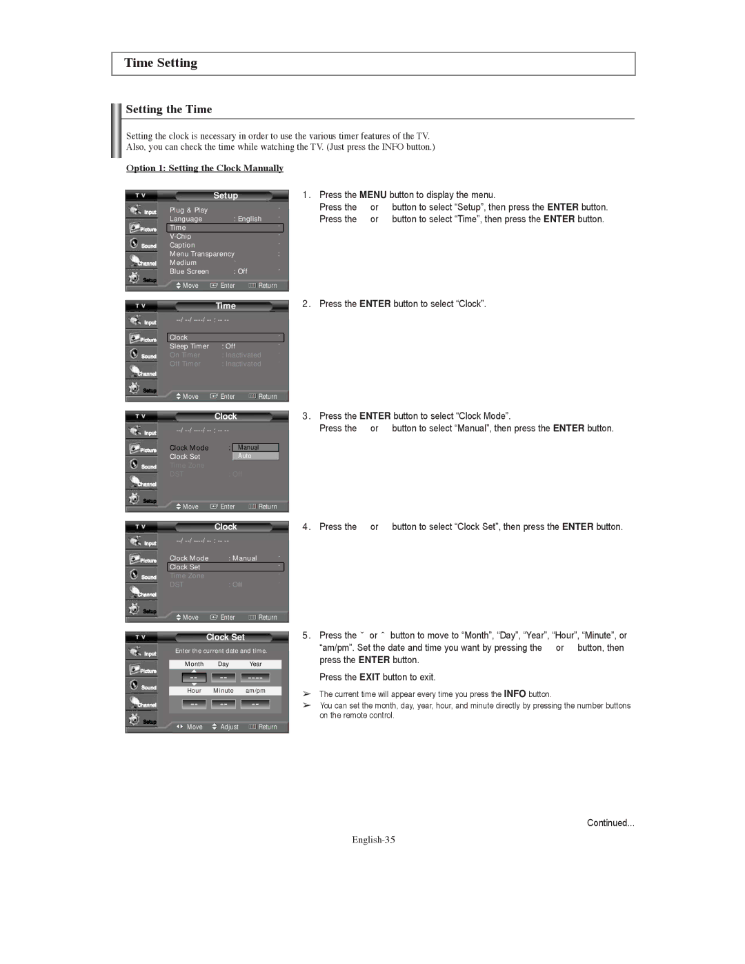 Samsung TX-S3079WH, TX-S3080WH, TX S3080WH Time Setting, Setting the Time, Option 1 Setting the Clock Manually, English-35 