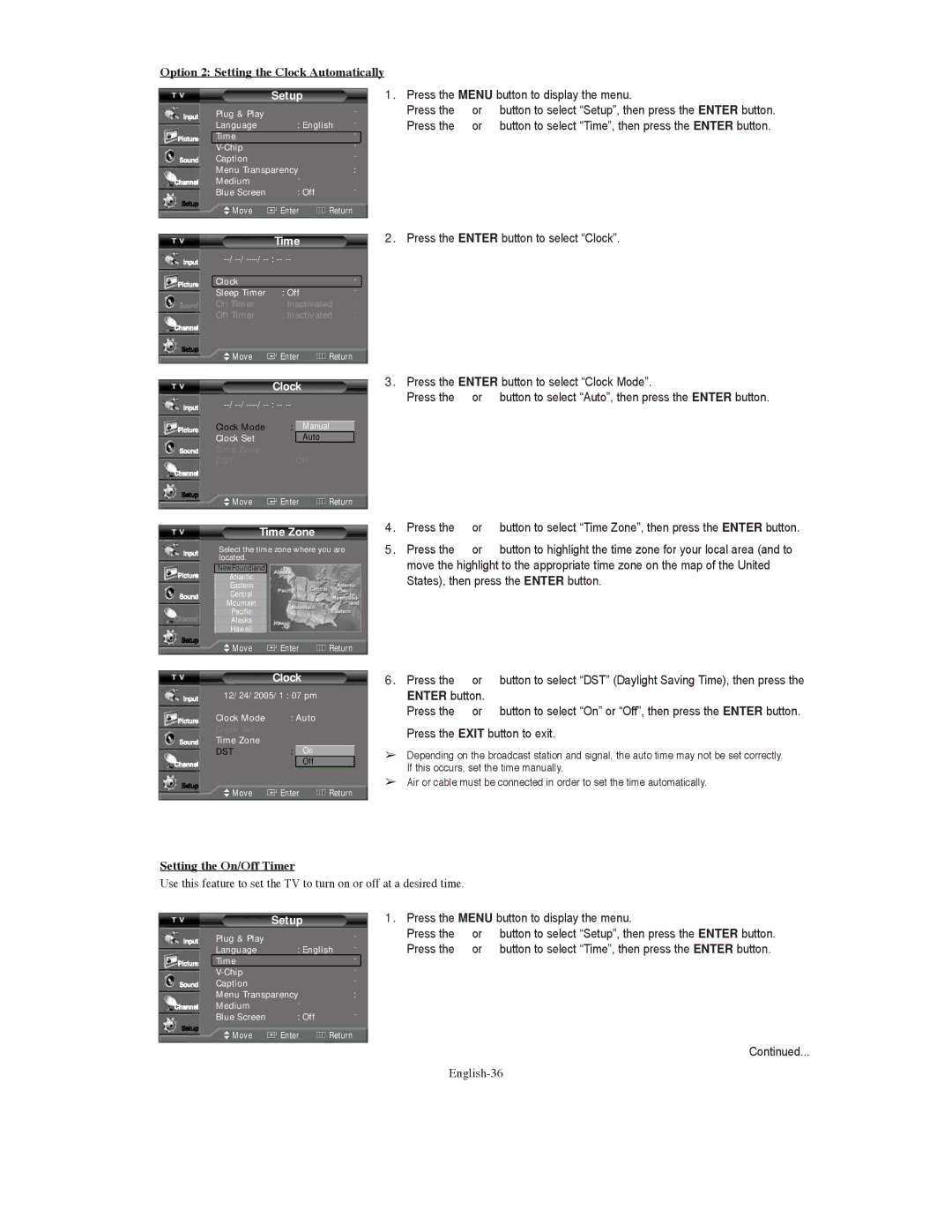 Samsung TX S3080WH manual Option 2 Setting the Clock Automatically, Setting the On/Off Timer, English-36, Time Zone 